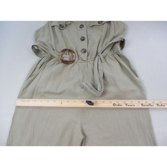 Japna Jumpsuit Women Medium Tan Linen Blend Wide Leg Crop Strappy Pockets Retro - Picture 9 of 12